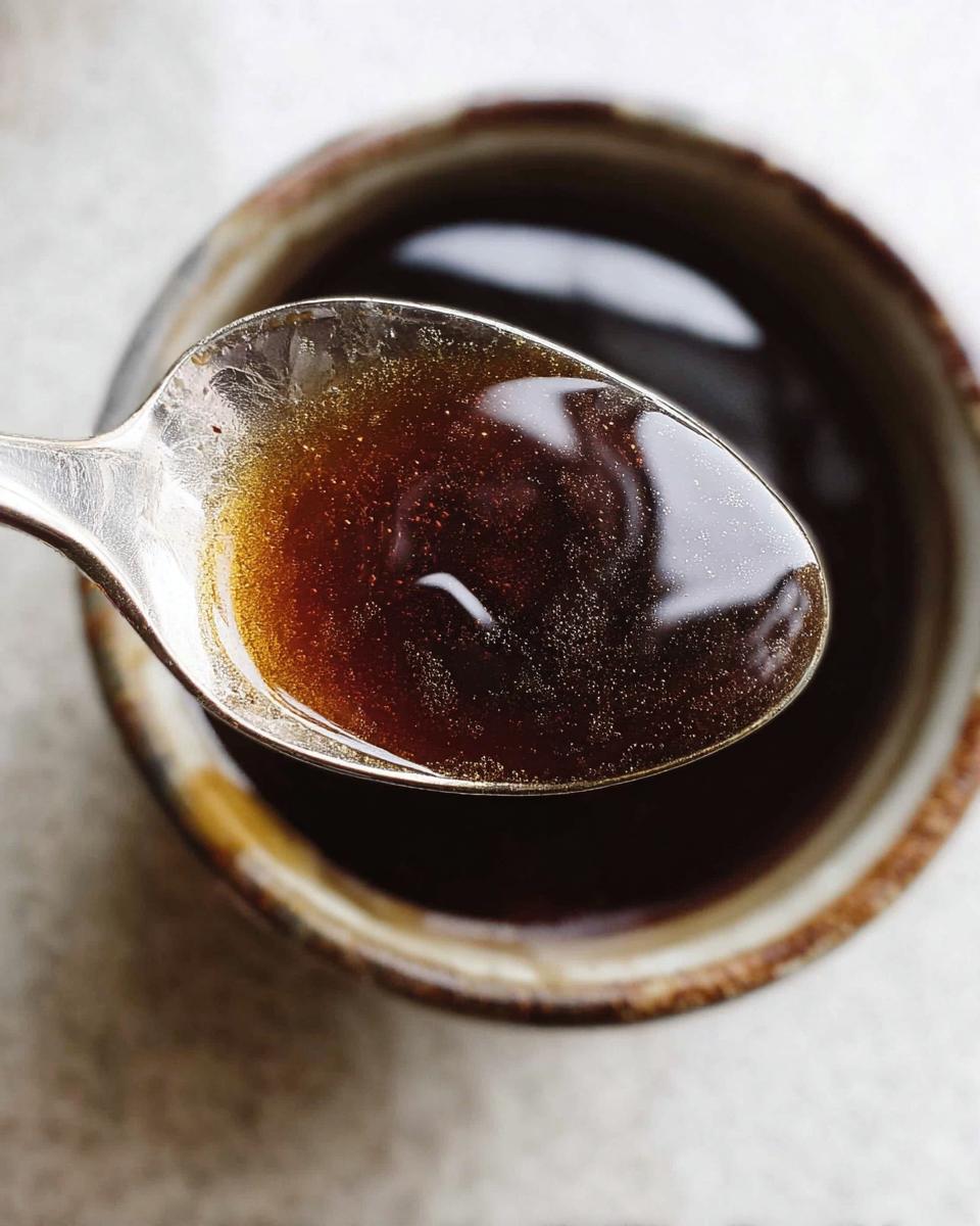Close-up of a spoonful of rich, dark brown au jus, showing its glossy texture and small bubbles.