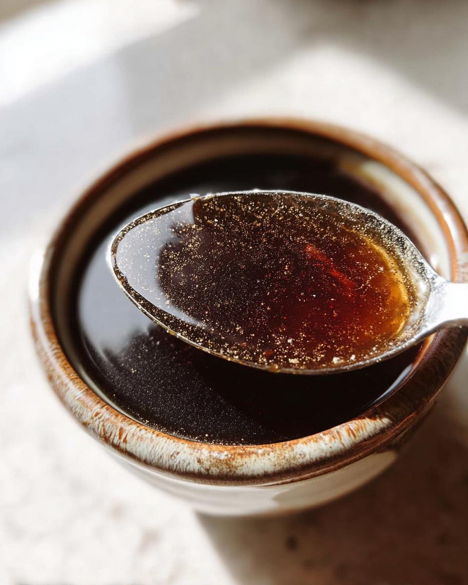 Close-up of rich, dark brown Au Jus recipe liquid being lifted from a rustic bowl on a spoon.