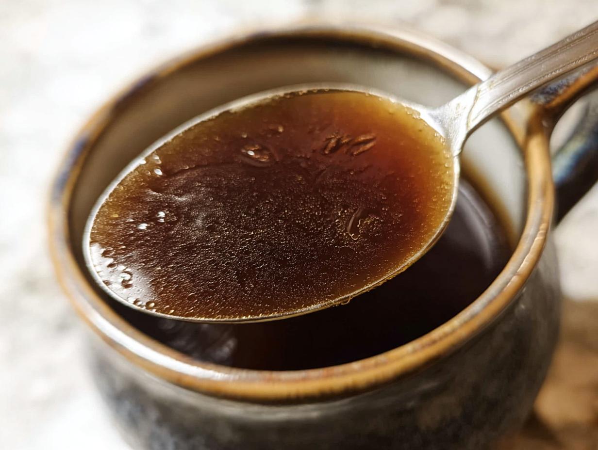 A spoonful of rich, dark brown liquid, representing the perfect Au Jus Recipe, being lifted from a rustic mug.