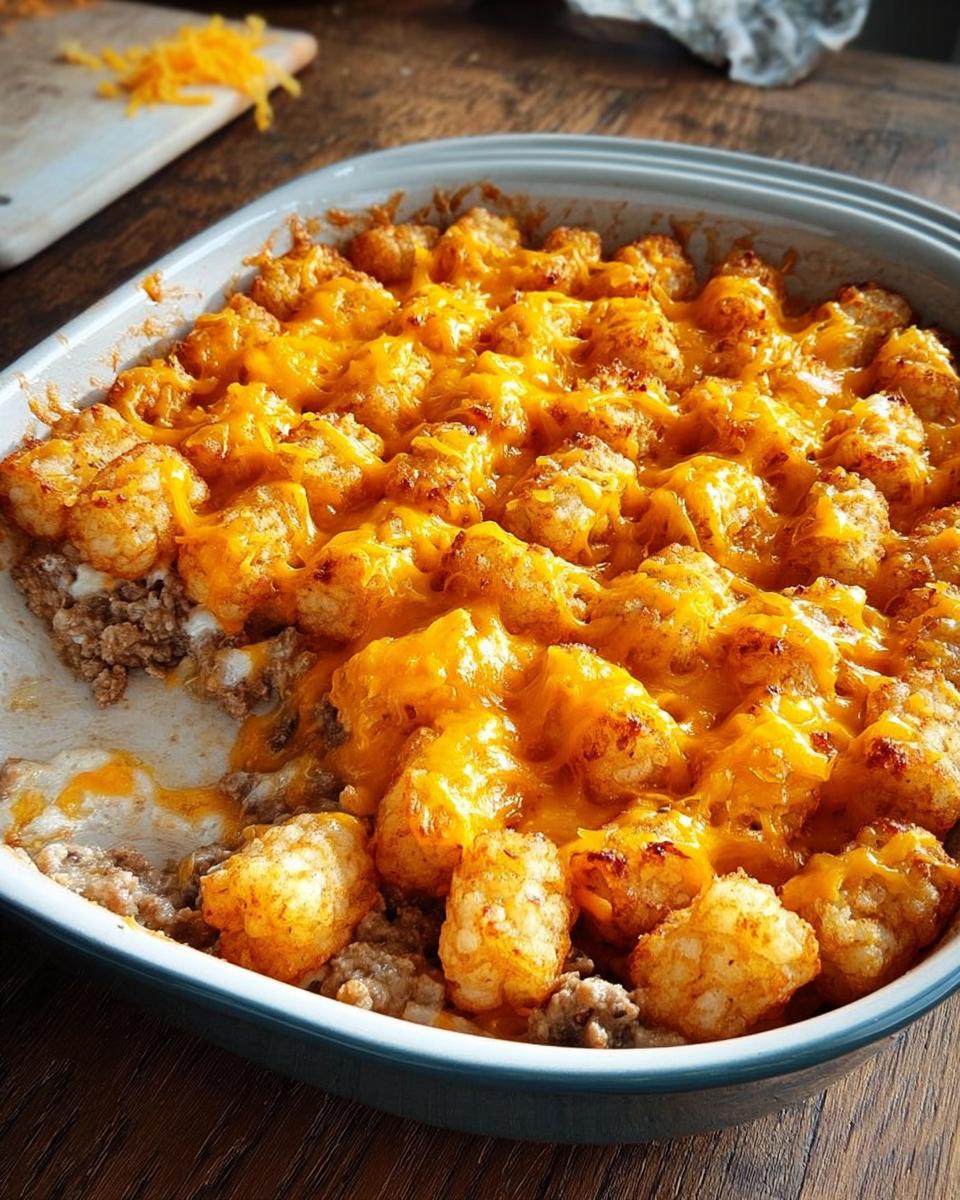 A bubbling tater tot casserole topped with melted cheddar cheese, a perfect dinner idea.