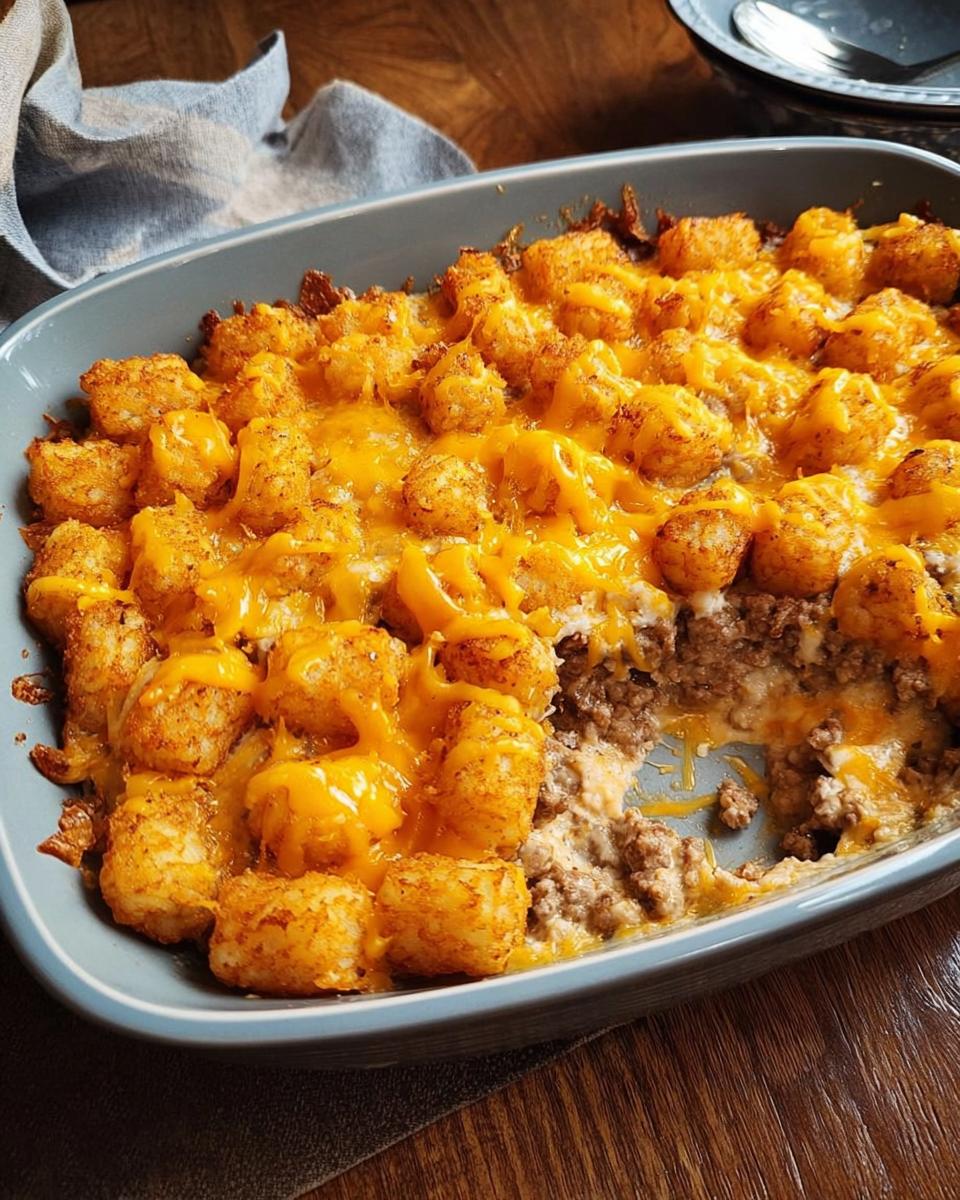 A close-up of a baked tater tot casserole with ground beef and melted cheddar cheese, a perfect dinner idea.
