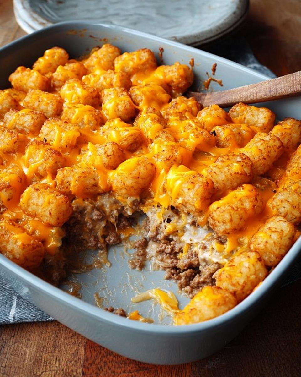 A close-up of a bubbling tater tot casserole with melted cheddar cheese, a perfect dinner idea.