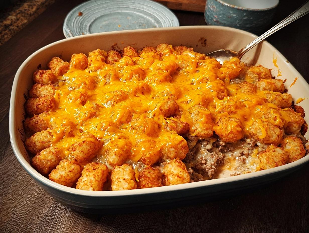 A bubbling hot tater tot casserole topped with melted cheddar cheese, a perfect dinner idea.