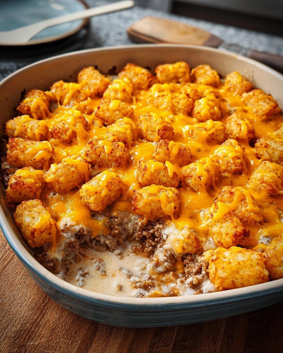 Close-up of a bubbly tater tot casserole with melted cheese and ground beef, perfect for dinner ideas.