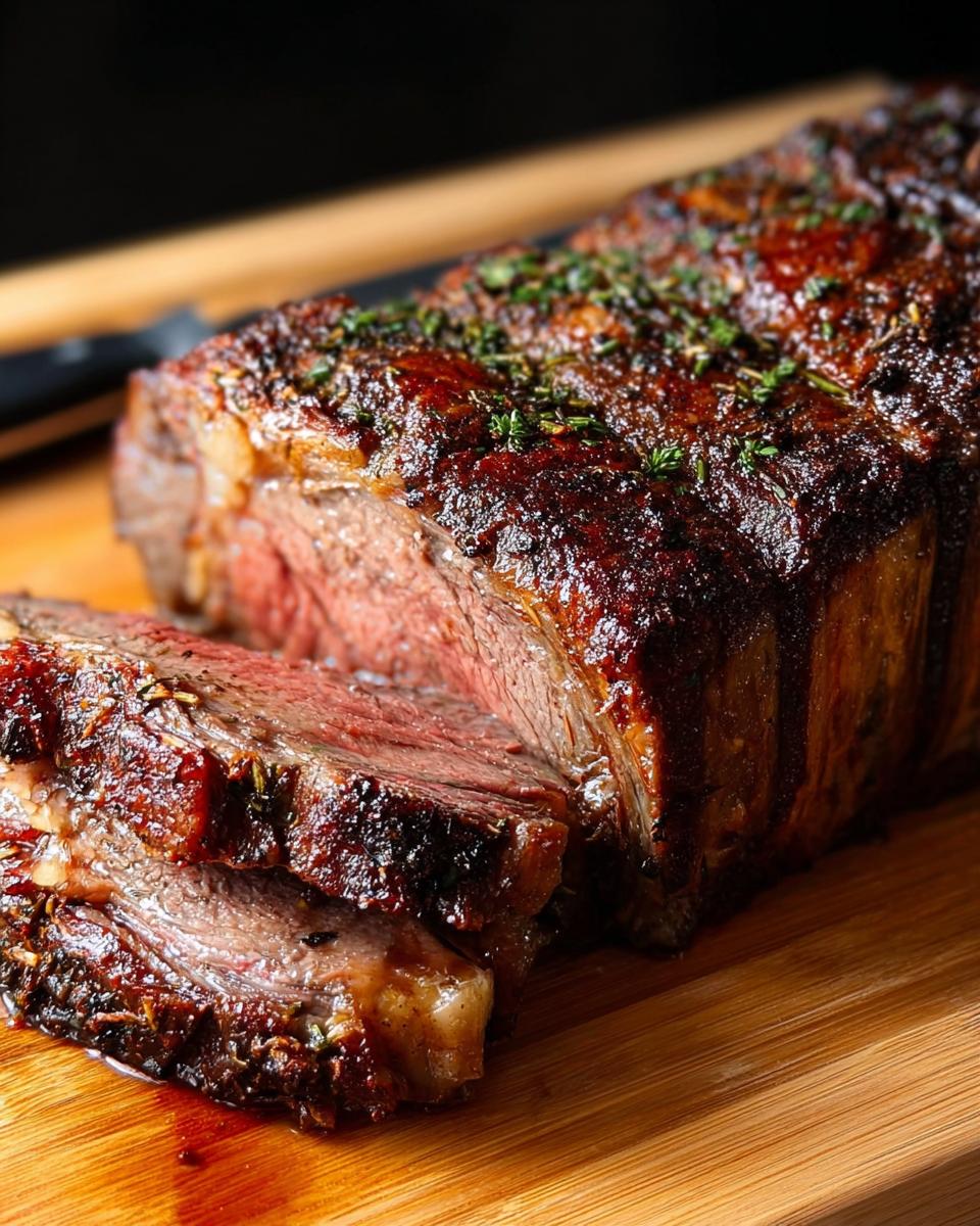 Close-up of a perfectly cooked Prime Rib for Christmas Dinner, sliced to show medium-rare center on a wooden board.