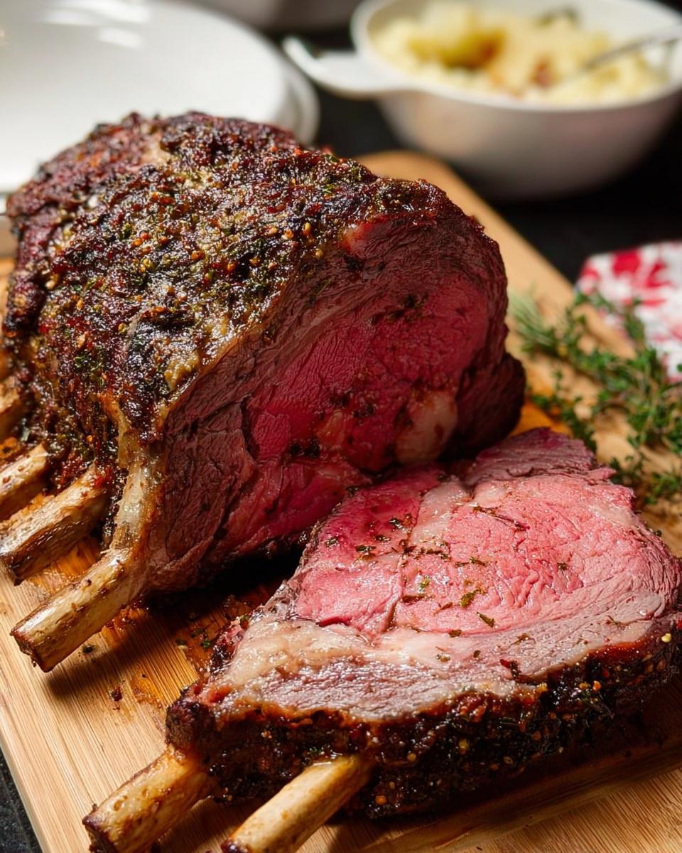 A thick, juicy Prime Rib roast, sliced to show medium-rare center and seasoned crust, resting on a cutting board.