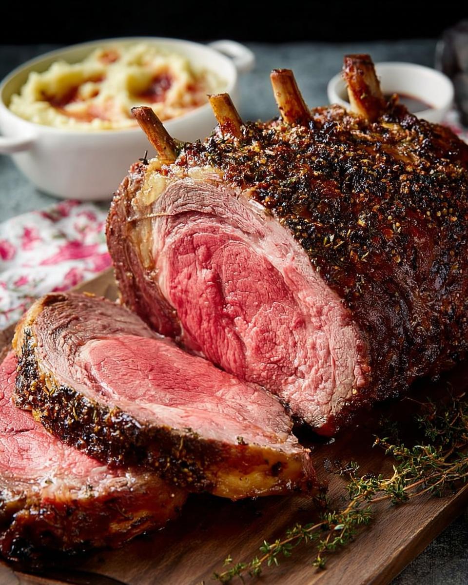 A beautifully roasted Prime Rib, sliced to show a juicy, tender medium-rare center and dark herb crust.