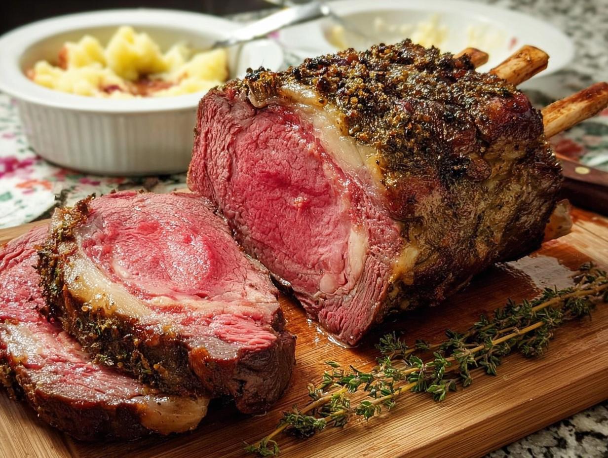 A beautifully roasted Prime Rib, sliced to reveal a juicy, medium-rare center and herb crust.