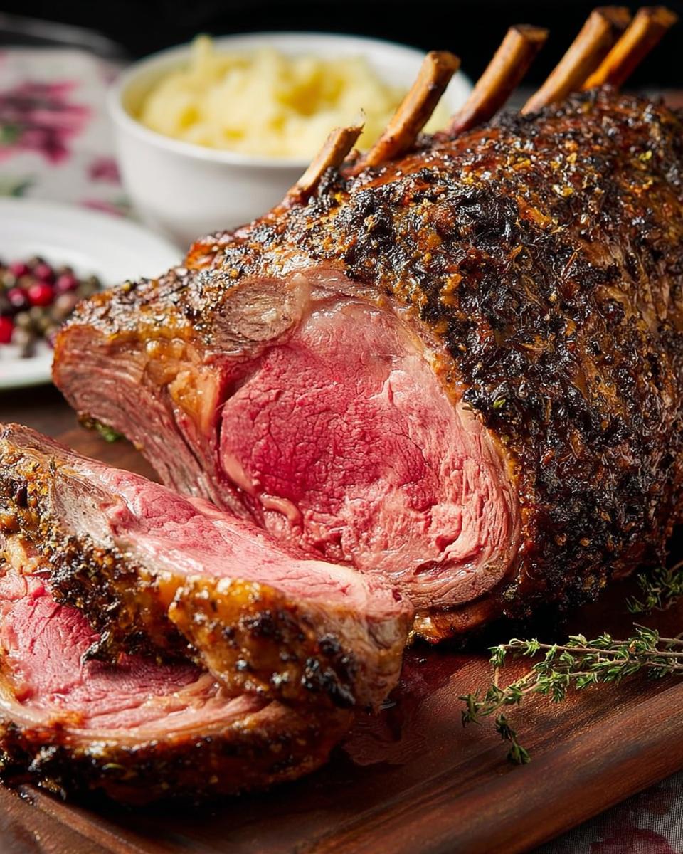 A beautifully roasted Prime Rib, sliced to reveal a juicy, medium-rare center and dark herb crust.
