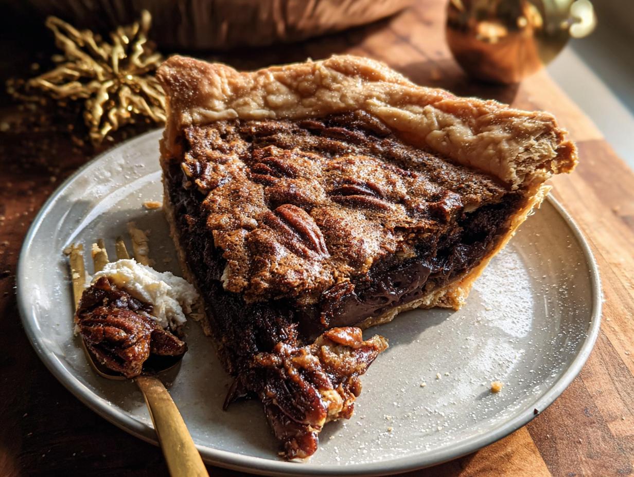 A slice of rich pecan pie with a flaky crust, served on a plate with a fork holding a bite and whipped cream.