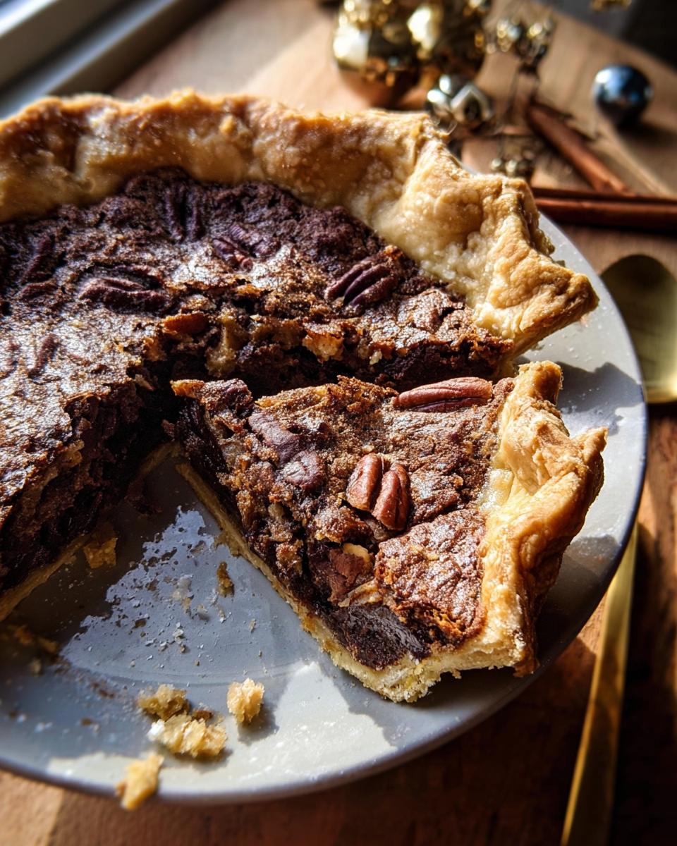 A slice of rich pecan pie, a perfect Thanksgiving dessert, on a grey plate with a golden spoon.