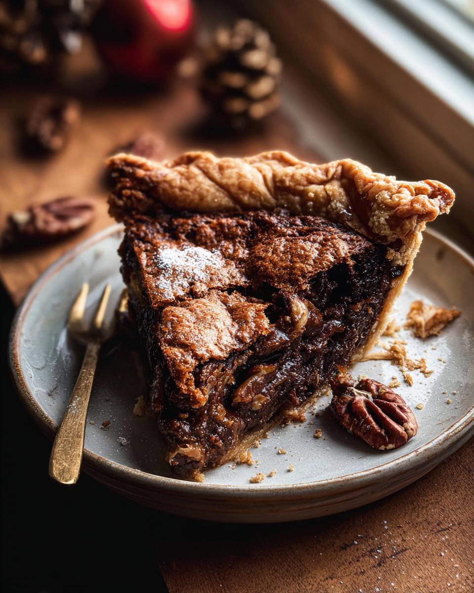 A delicious slice of pecan pie, a perfect Thanksgiving dessert, on a plate with a fork and scattered pecans.