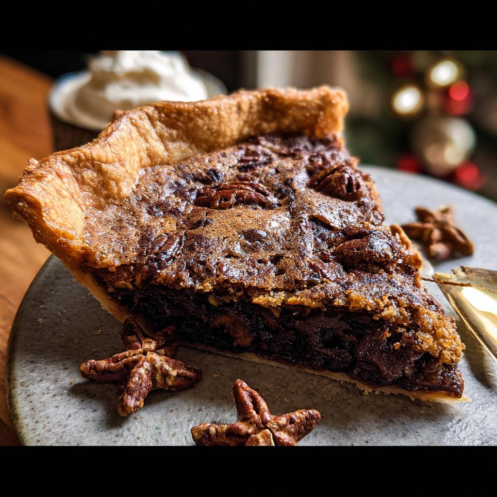A delicious slice of pecan pie, a perfect Thanksgiving dessert, with a golden crust and rich filling topped with pecans.