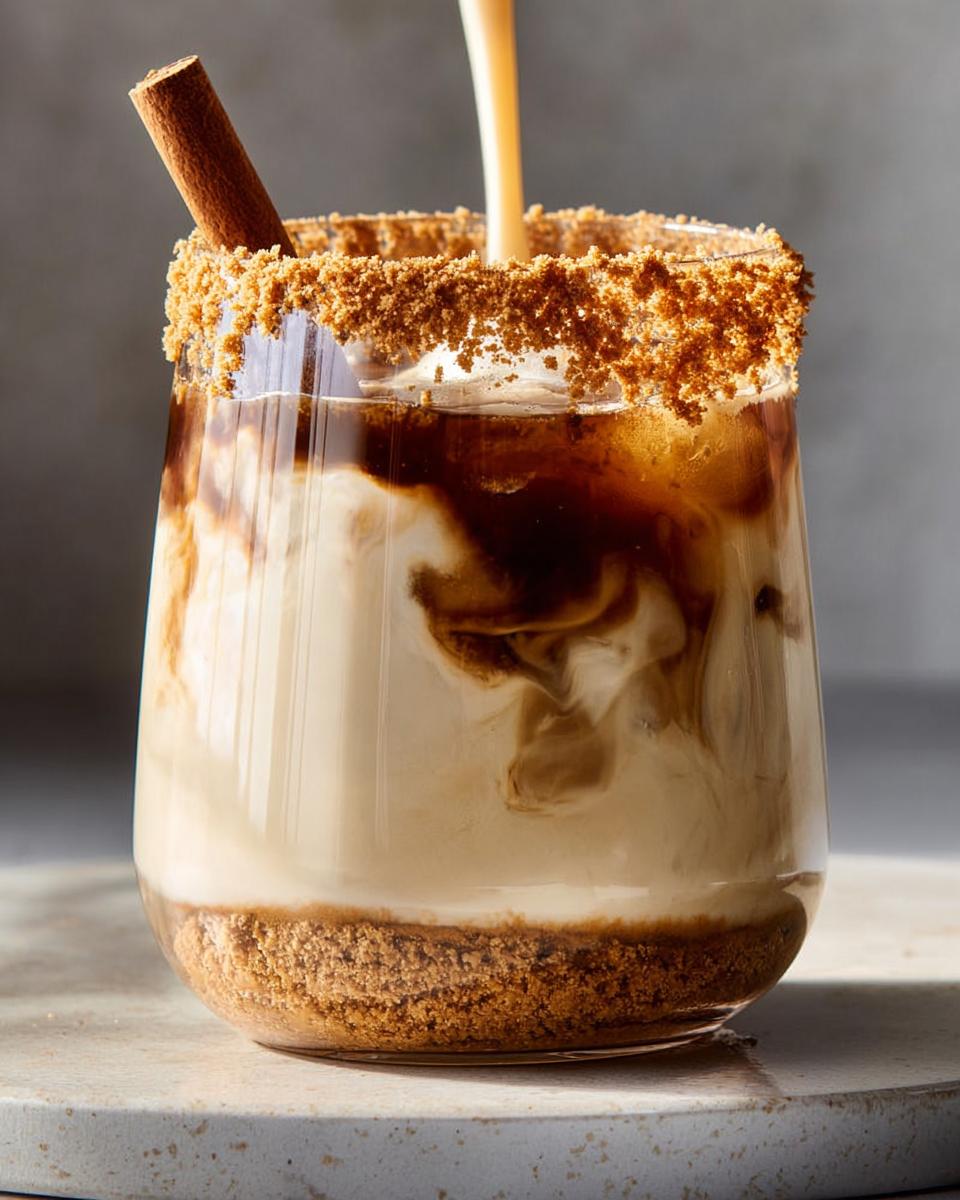 A close-up of a perfect Thanksgiving drink being poured, with a cinnamon stick and a graham cracker crumb rim.