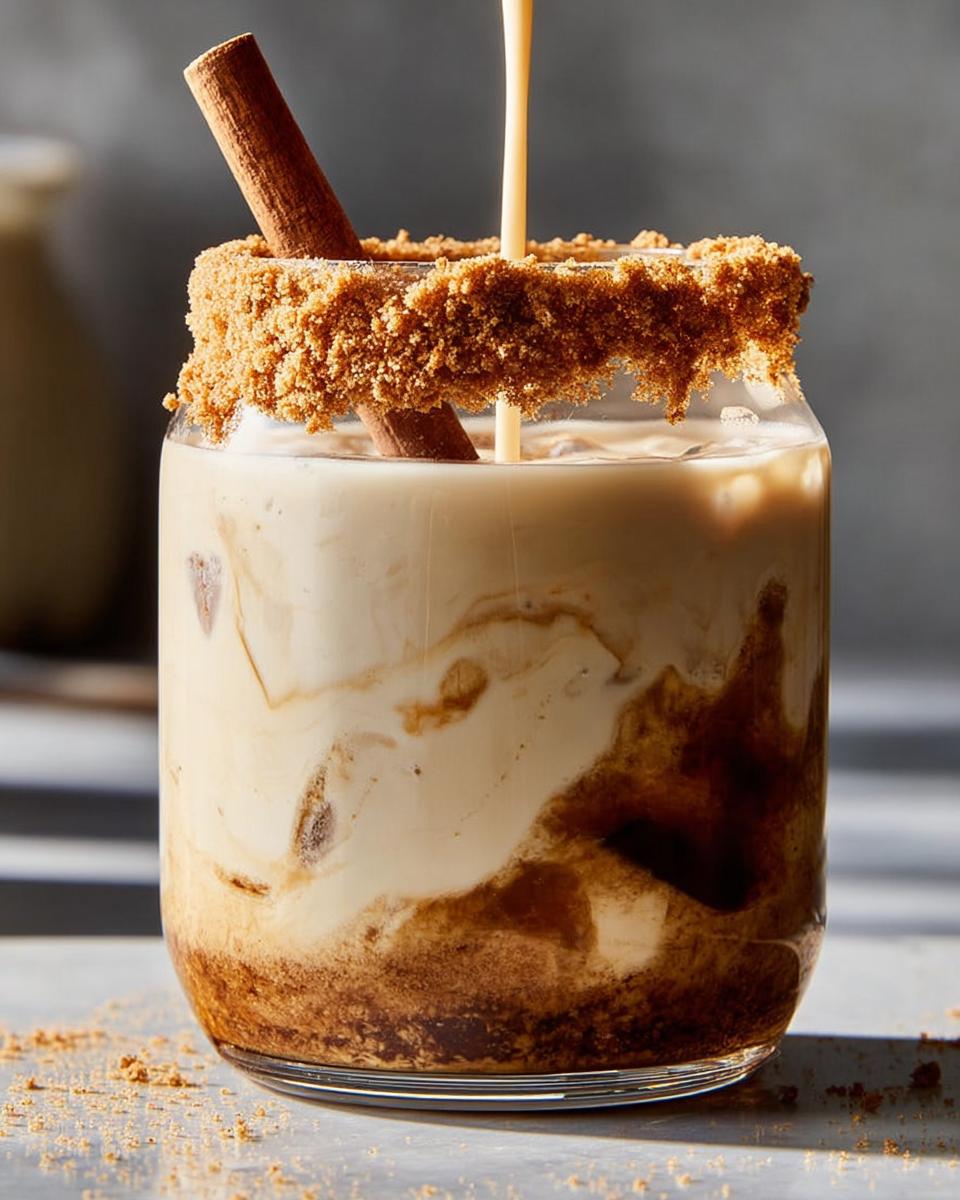 A creamy Thanksgiving drink being poured into a glass rimmed with brown sugar and a cinnamon stick.