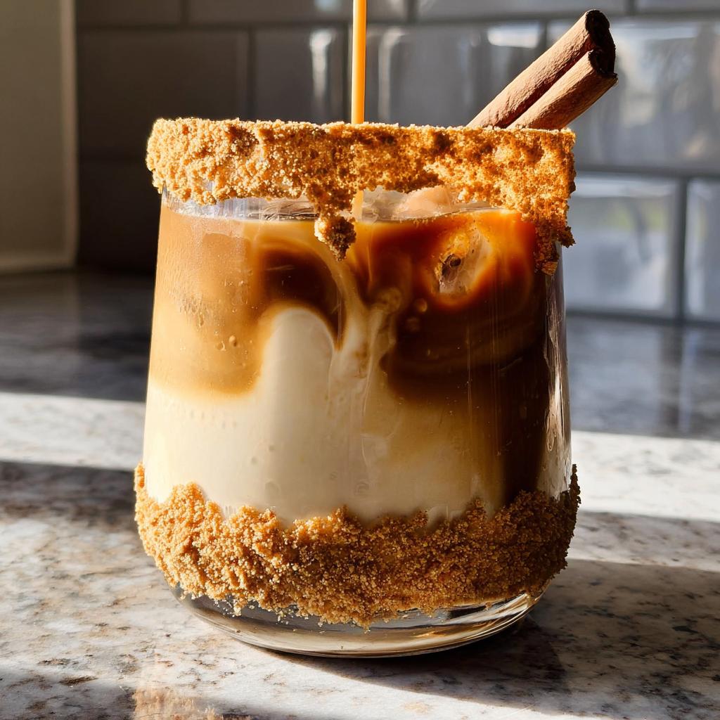 A layered iced coffee drink with a graham cracker rim and cinnamon sticks, perfect for Thanksgiving drinks.
