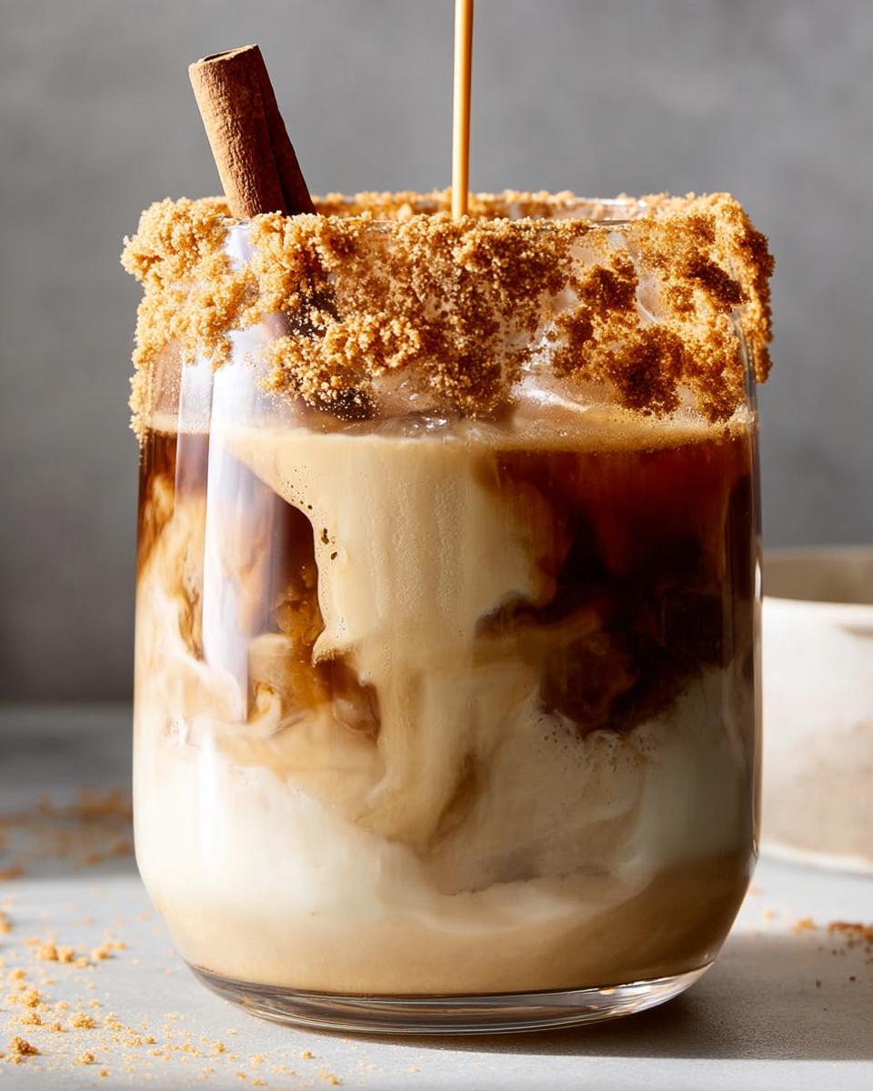 A close-up of a layered coffee cocktail with a cinnamon stick and brown sugar rim, perfect for Thanksgiving drinks.