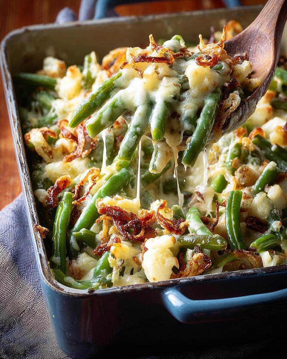 Close-up of a spoonful of perfect Thanksgiving green beans, covered in melted cheese and crispy fried onions.