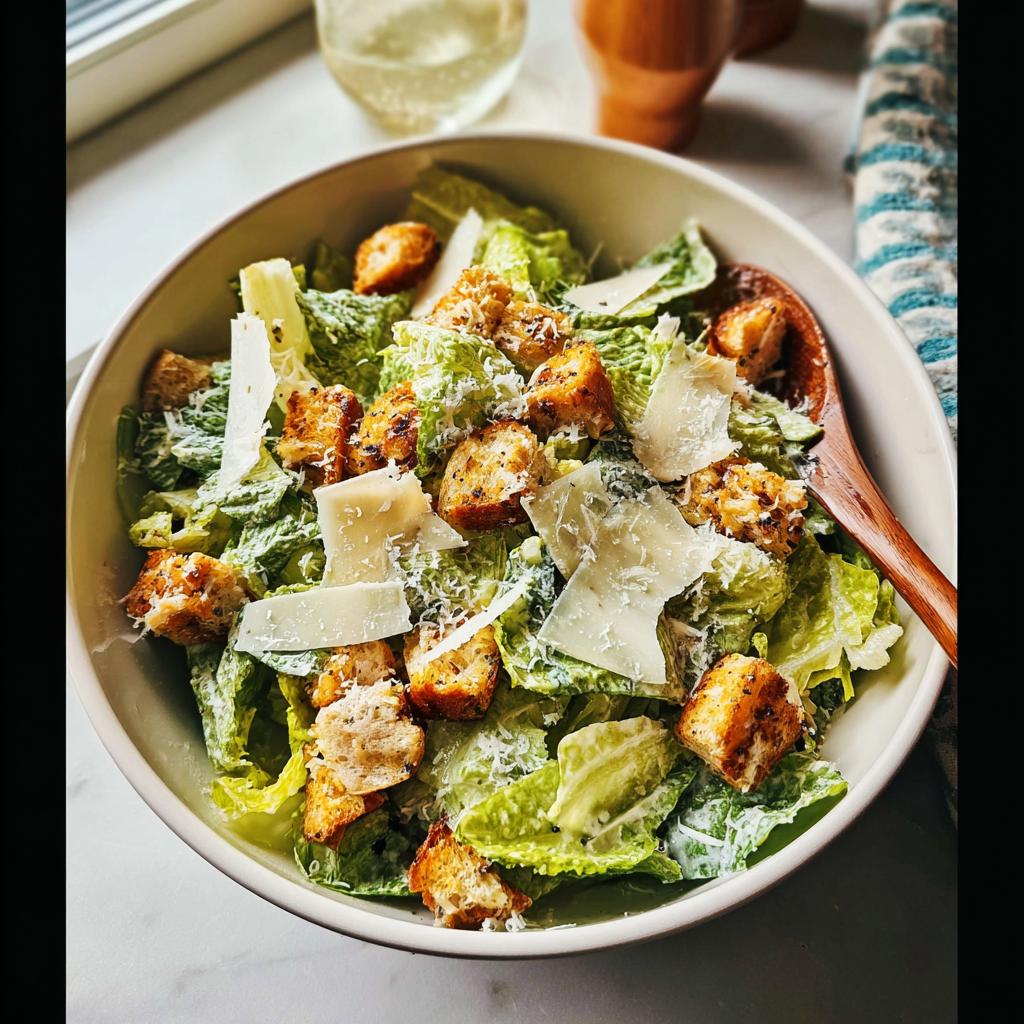 A close-up of a delicious Thanksgiving salad recipe, featuring crisp romaine lettuce, crunchy croutons, and shaved Parmesan cheese.