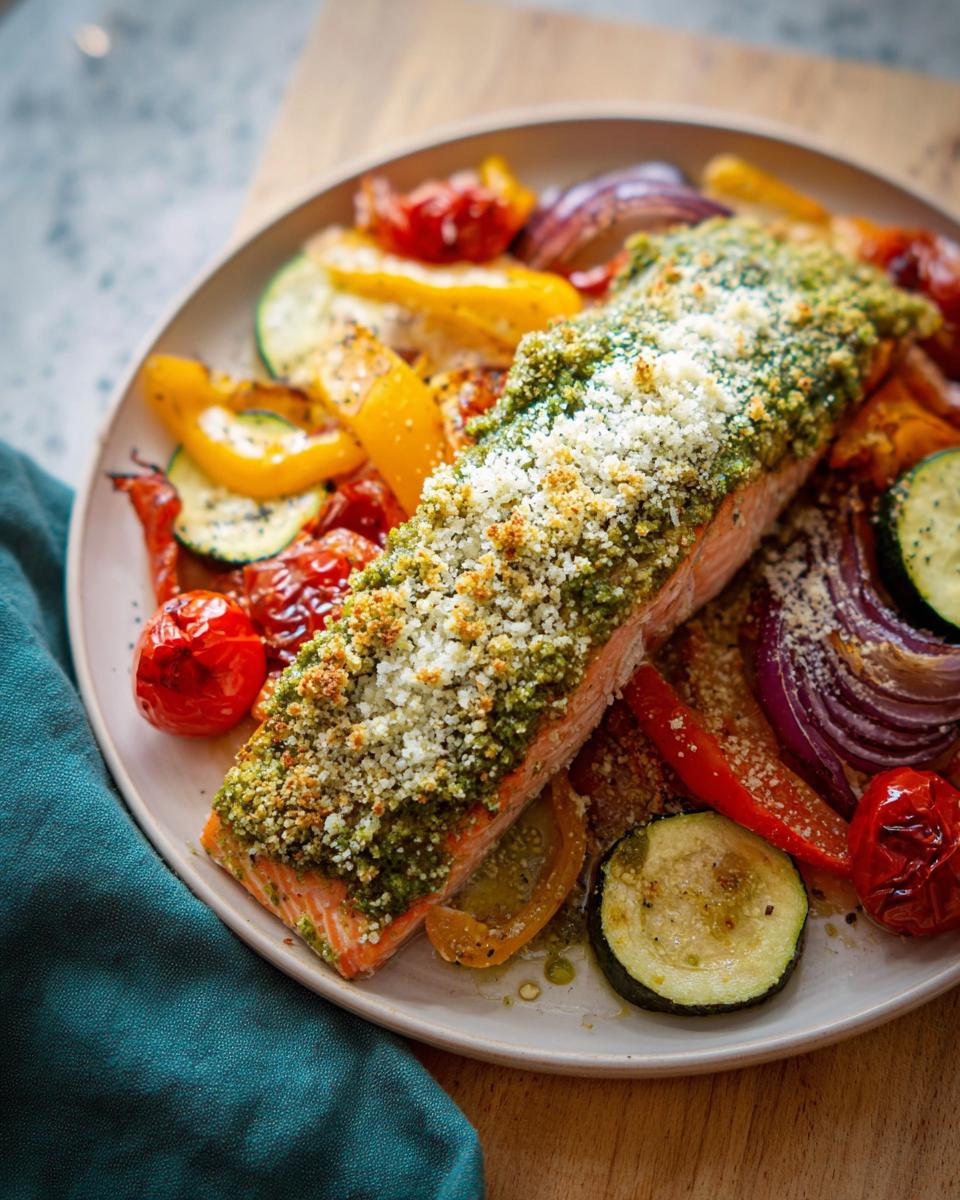 Close-up of Pesto Salmon with Roasted Veggies, featuring a crusty pesto topping on salmon surrounded by colorful roasted vegetables.