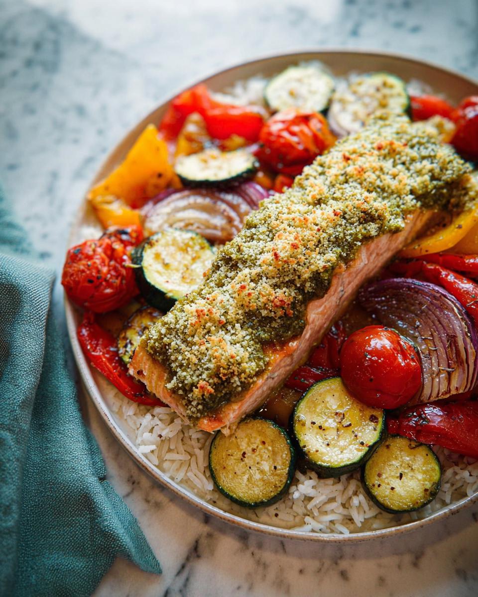 A fillet of Pesto Salmon with Roasted Veggies served over white rice on a plate.