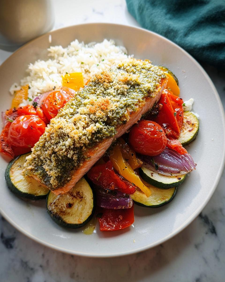 A serving of Pesto Salmon with Roasted Veggies, topped with breadcrumbs, served alongside white rice on a light gray plate.