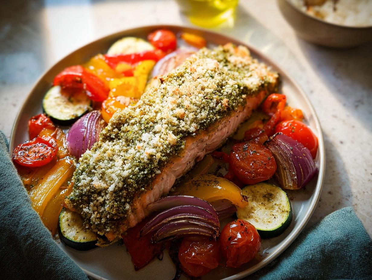 Amazing 45-Min Pesto Salmon with Roasted Veggies