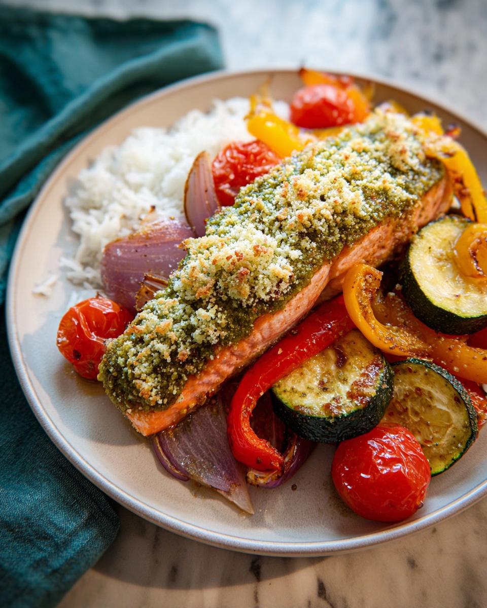 A plated serving of Pesto Salmon with Roasted Veggies, topped with a crunchy breadcrumb crust, served alongside rice.