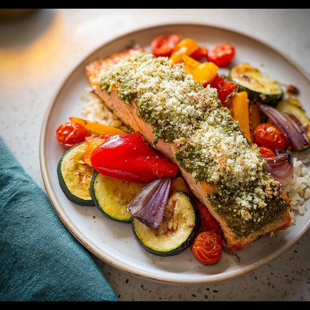 A perfectly cooked fillet of Pesto Salmon with Roasted Veggies, topped with a crunchy breadcrumb crust, served over rice.