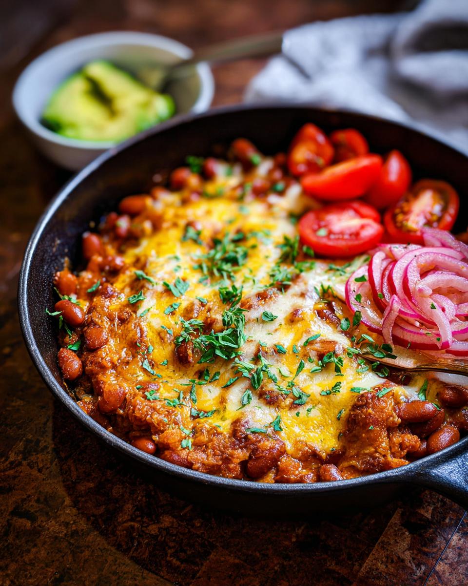 A hearty pinto bean bake topped with melted cheese and fresh herbs, served with tomatoes and pickled onions. Perfect for dinner ideas for busy weeknights.