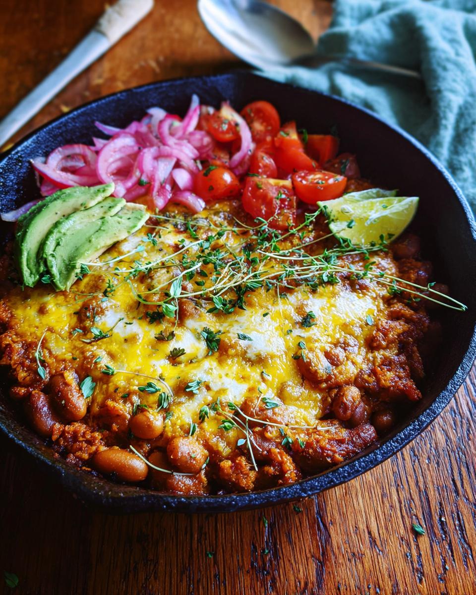 Close-up of a pinto bean bake in a cast iron skillet, topped with melted cheese and fresh herbs, served with avocado, tomatoes, and pickled onions.