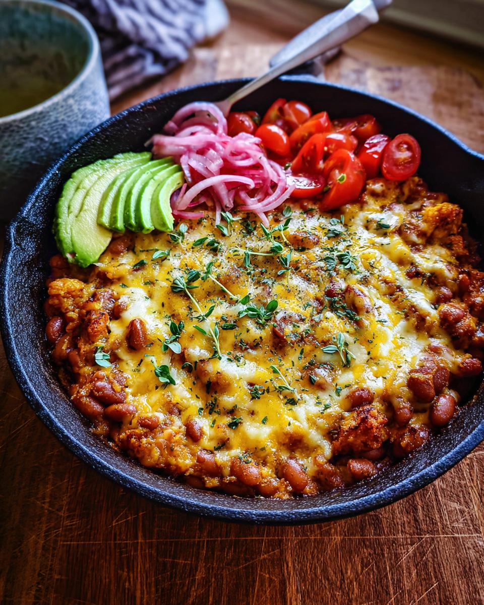 A hearty pinto bean bake topped with melted cheese, fresh herbs, avocado, cherry tomatoes, and pickled red onions, perfect for dinner ideas for busy weeknights.