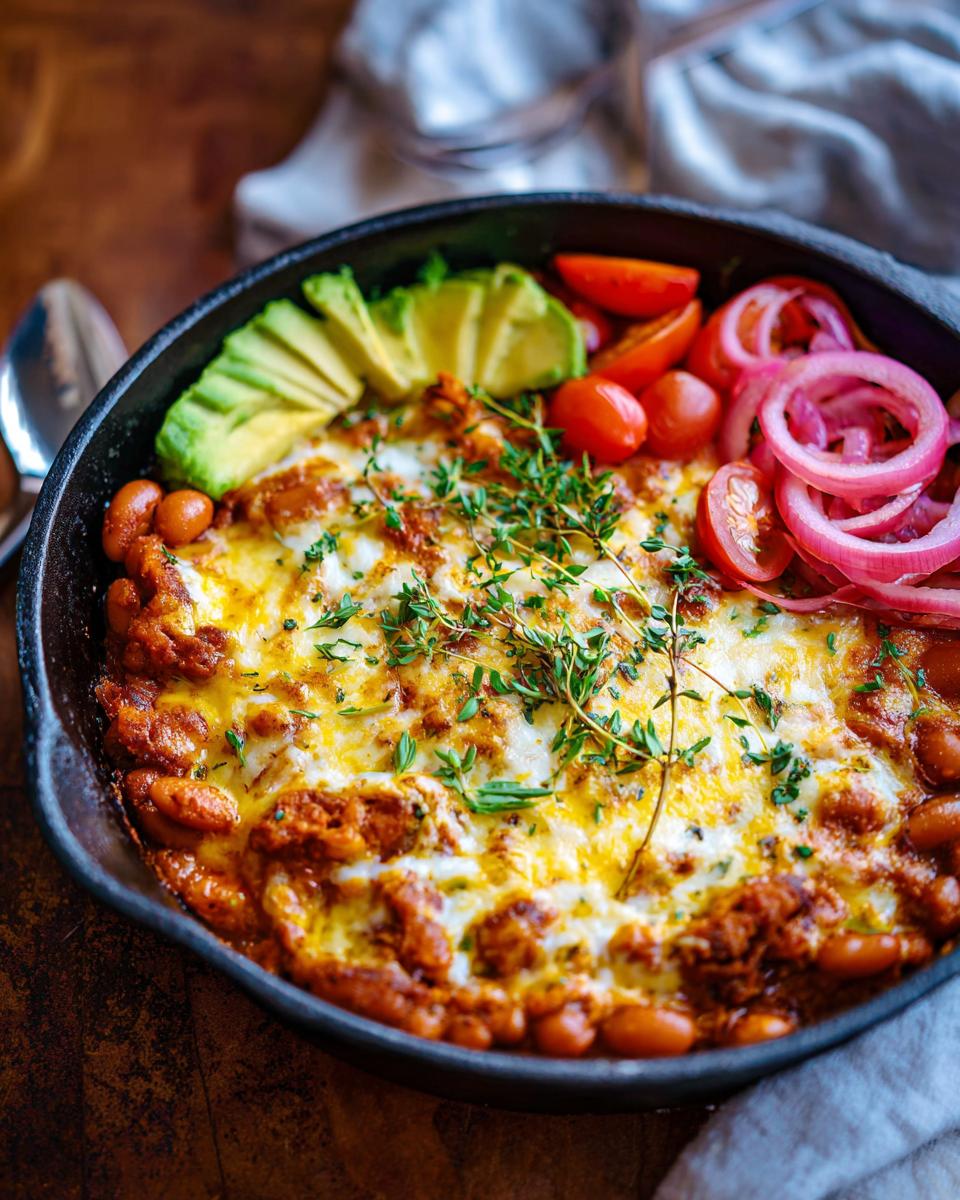 A hearty pinto bean bake in a cast iron skillet, topped with melted cheese and fresh herbs, served with avocado, tomatoes, and pickled onions. Ideal for dinner ideas for busy weeknights.