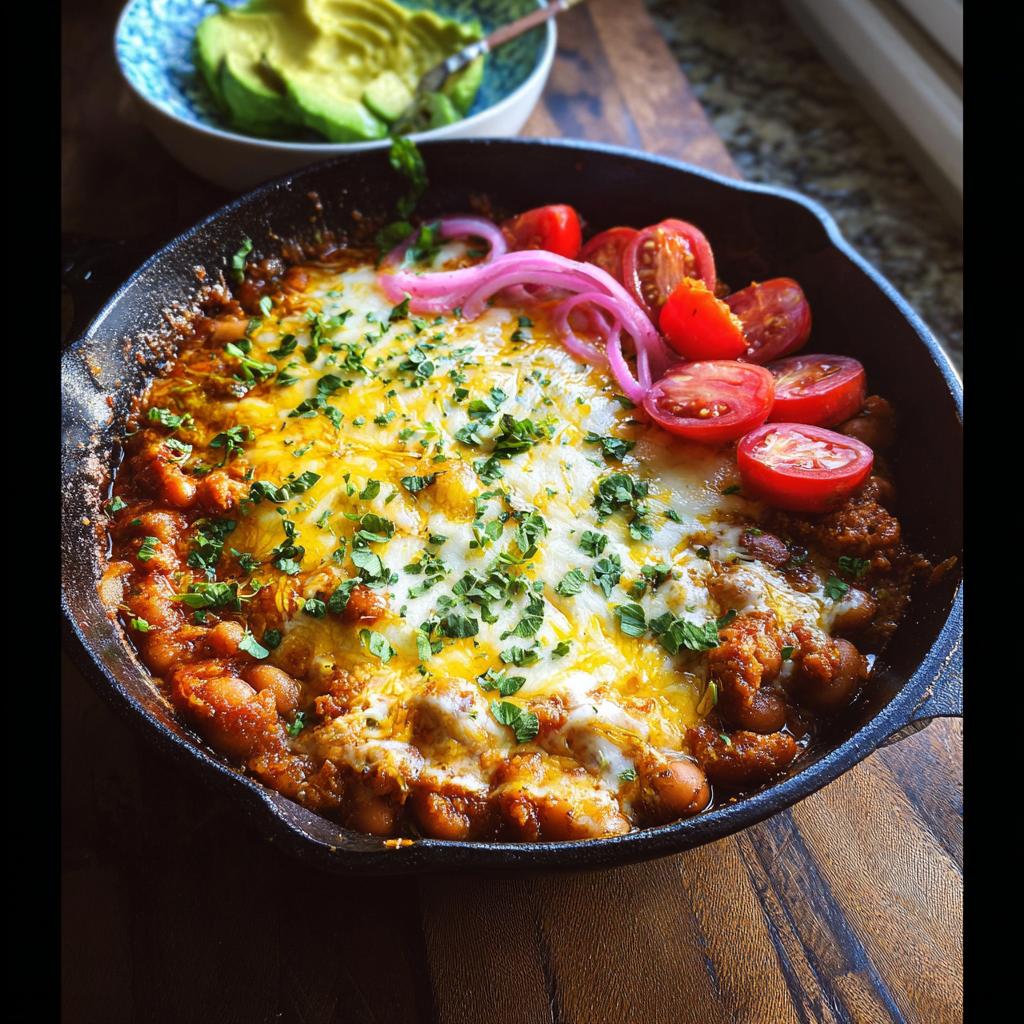 A cheesy pinto bean bake in a cast iron skillet, topped with cherry tomatoes and pickled onions. Perfect for dinner ideas for busy weeknights.