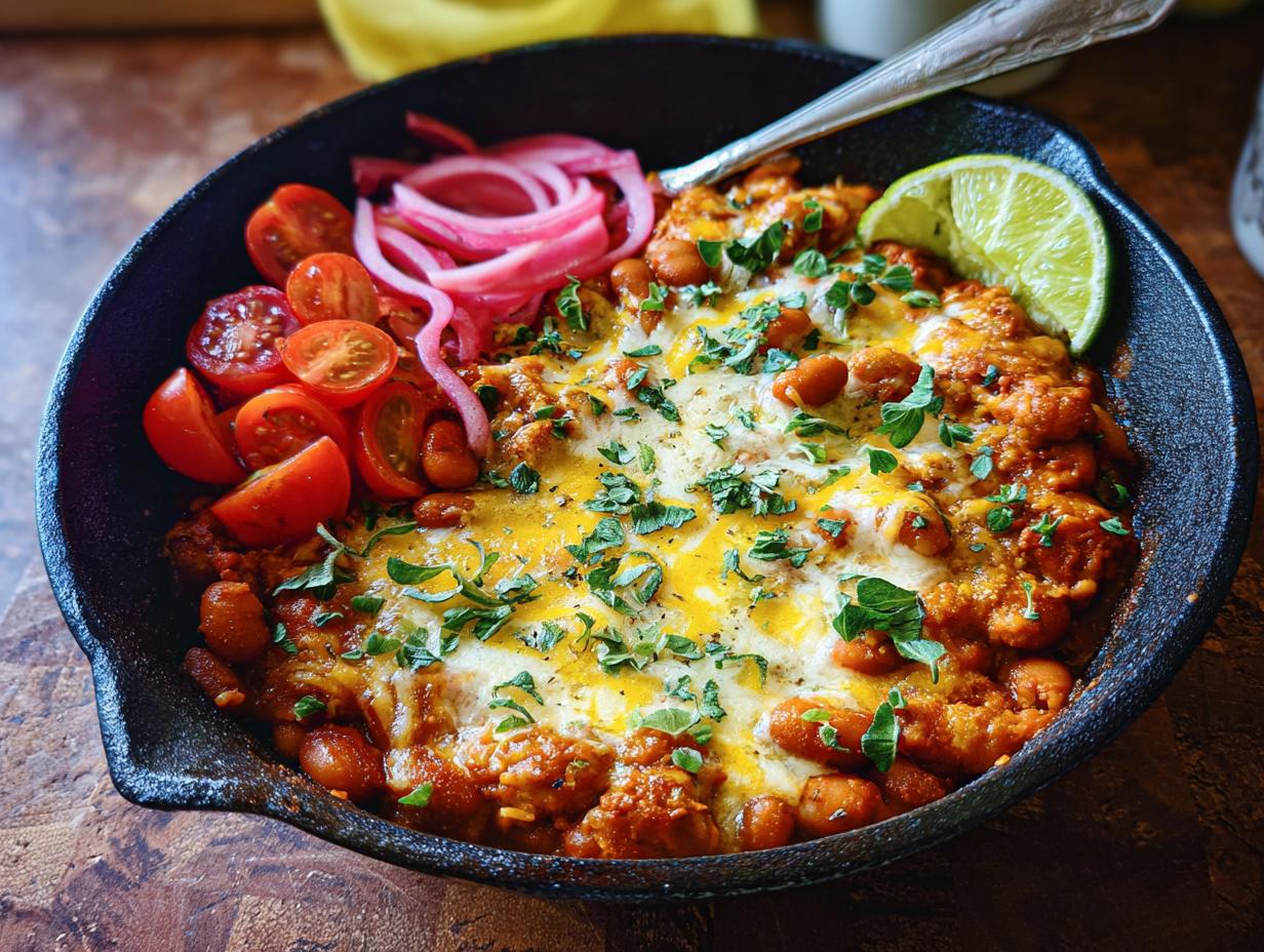 A hearty pinto bean bake topped with melted cheese, fresh herbs, cherry tomatoes, pickled red onions, and a lime wedge, perfect for dinner ideas for busy weeknights.