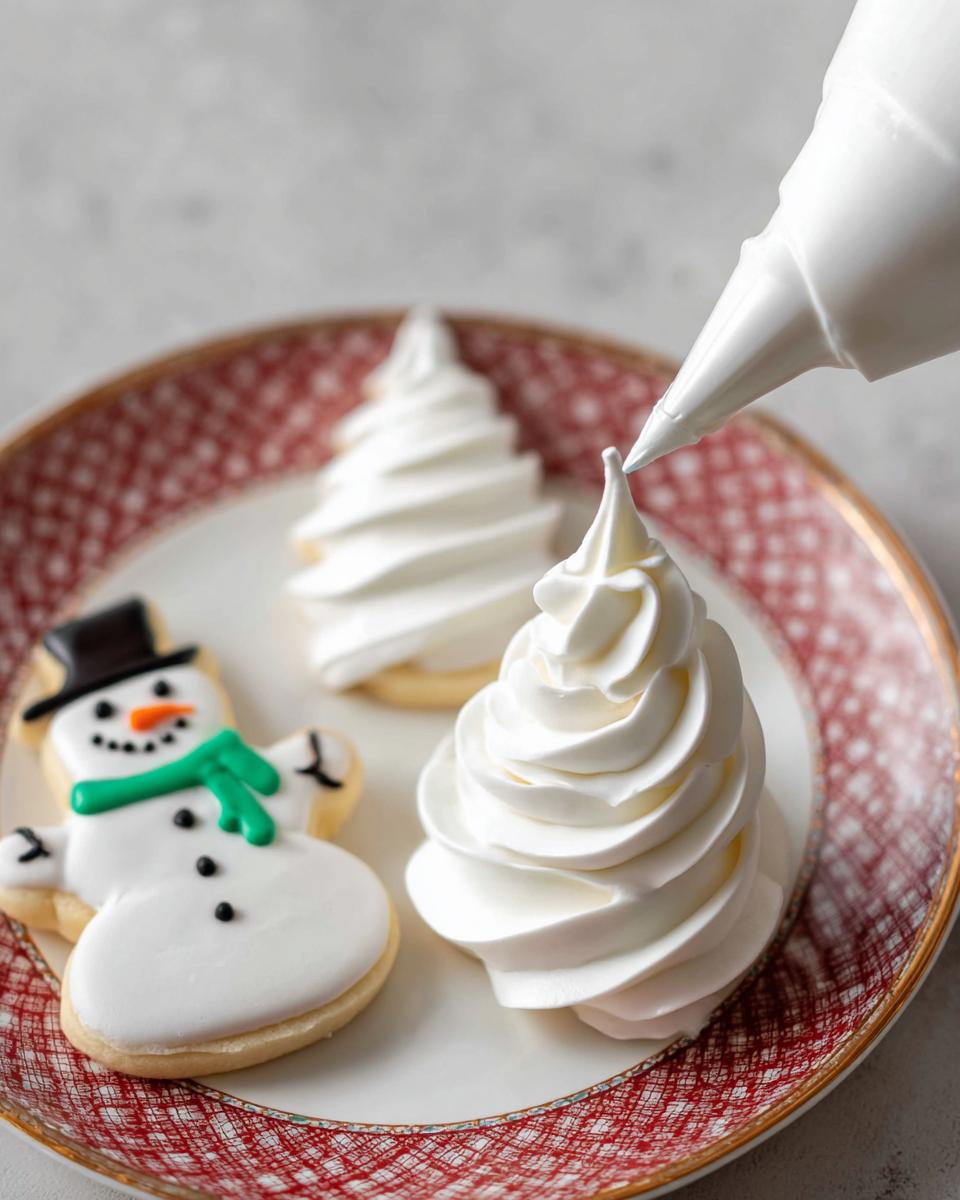 A piping bag dispenses stiff Royal Icing to create a swirl design on a Christmas cookie.