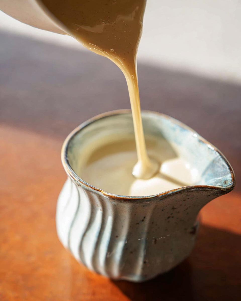 Close-up of thick Champagne Cream Sauce for Seafood being poured into a small, textured ceramic pitcher.