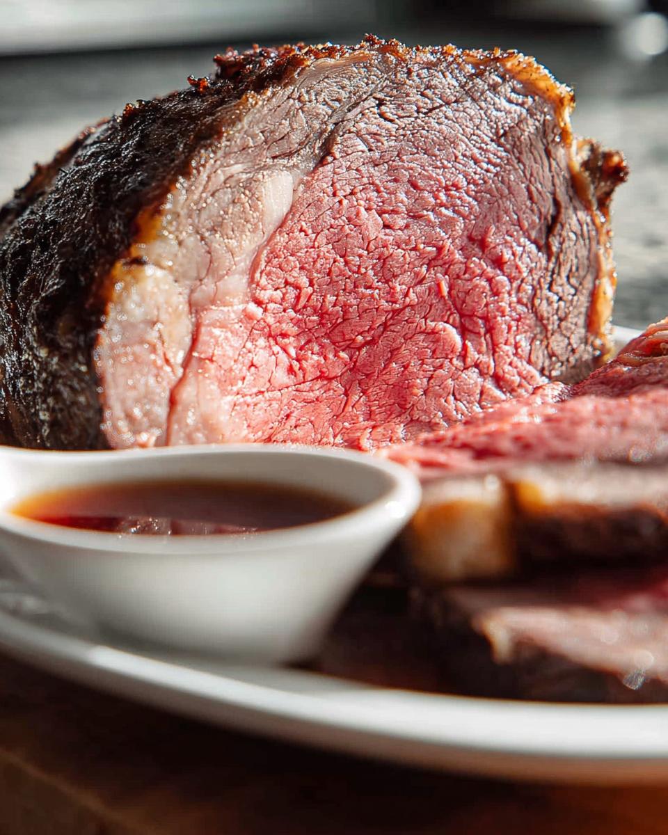 Close-up of a perfectly cooked medium-rare Prime Rib Au Jus roast sliced, served with a side of rich brown au jus sauce.