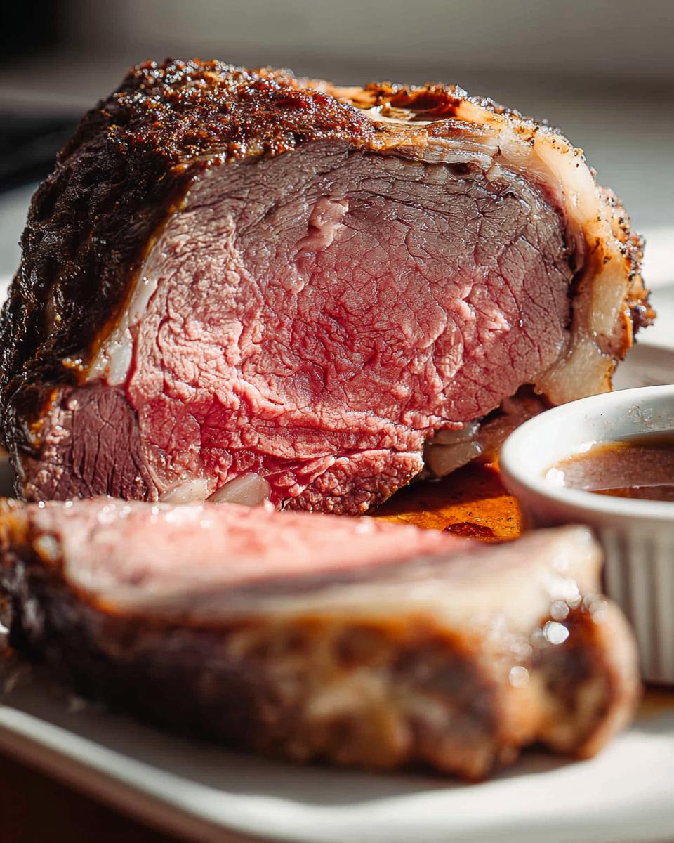 Close-up of a perfectly cooked Prime Rib Au Jus, showing a medium-rare pink center and seasoned crust, served with a side of jus.