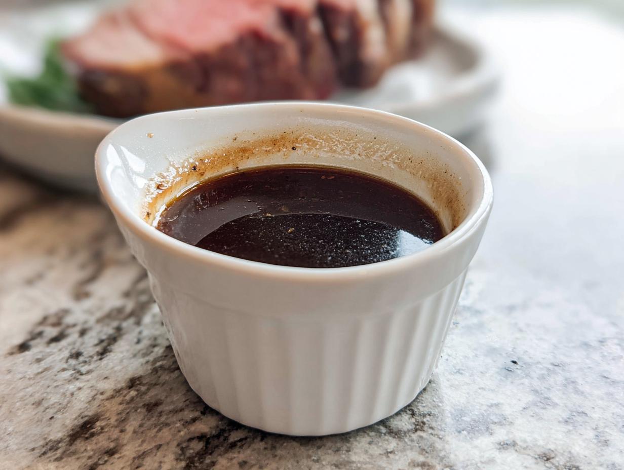 Close-up of rich, dark Prime Rib Au Jus served in a white fluted ramekin, with roast beef blurred in the background.