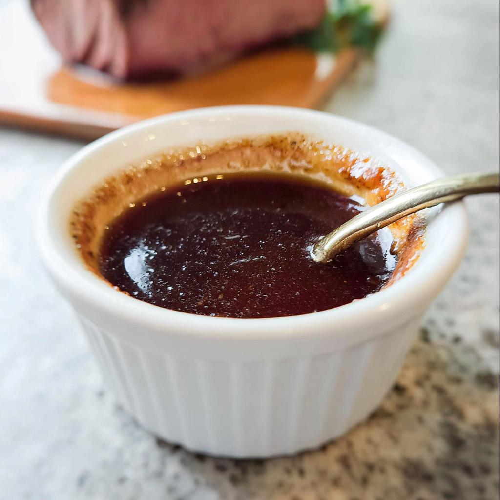 Close-up of rich, dark Prime Rib Au Jus Recipe served in a white ramekin with a small spoon.