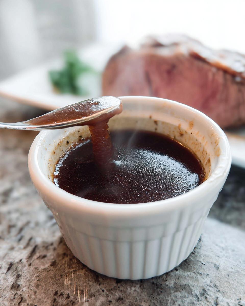 A spoonful of rich, dark Prime Rib Au Jus Recipe being lifted from a small white ramekin.