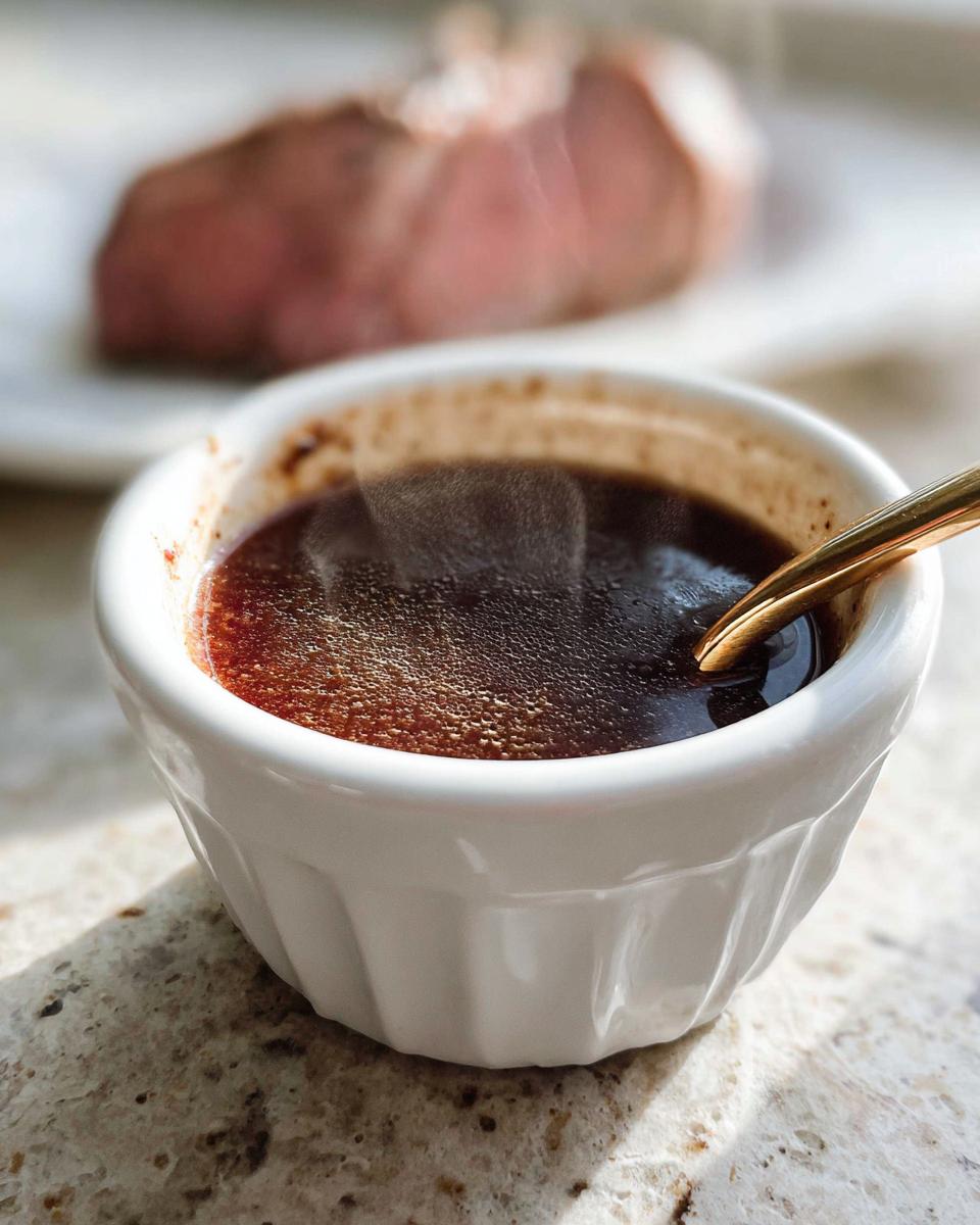 Close-up of hot, steaming Prime Rib Au Jus Recipe in a white ramekin with a gold spoon, blurred roast beef in background.
