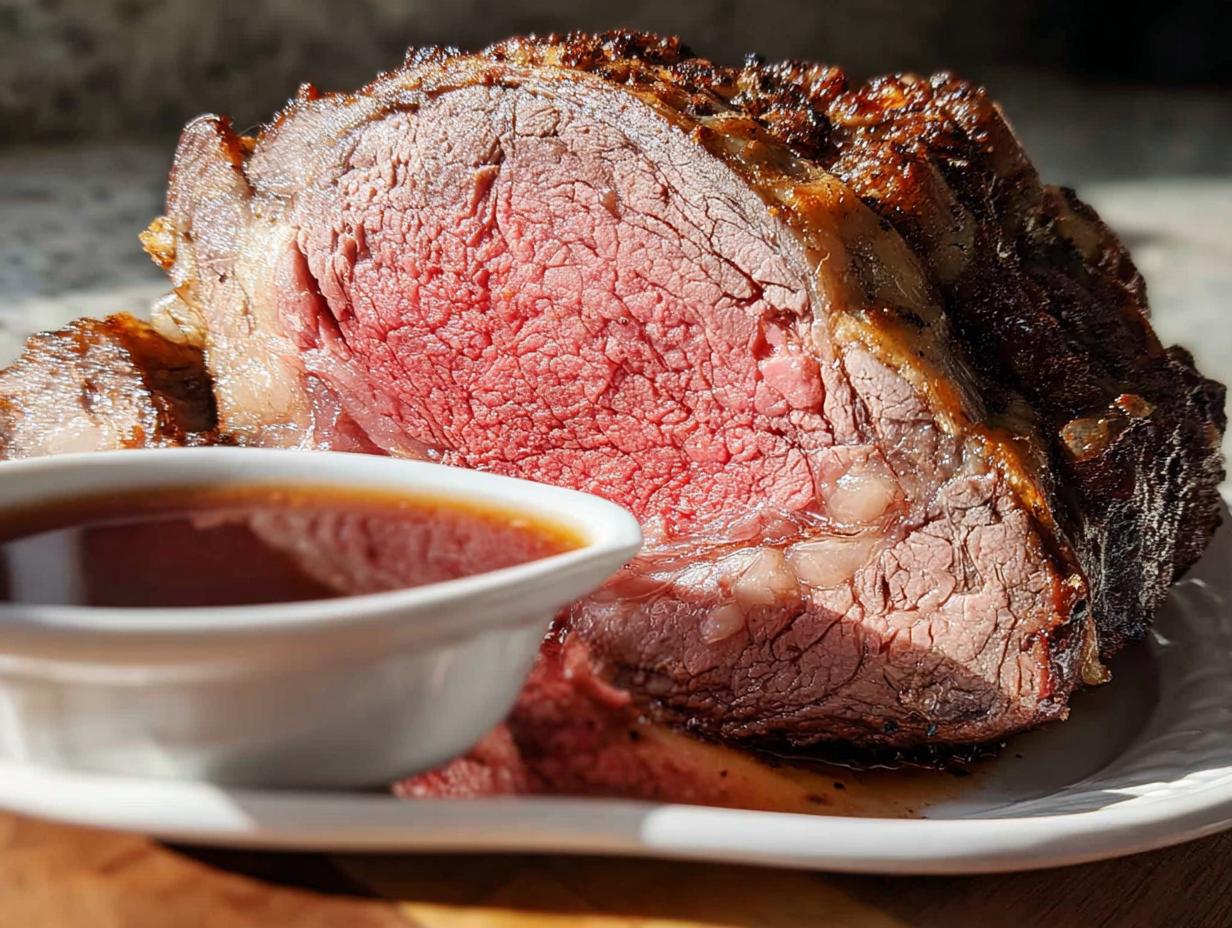Close-up of a perfectly cooked, medium-rare Prime Rib Au Jus roast next to a small white bowl of rich brown gravy.