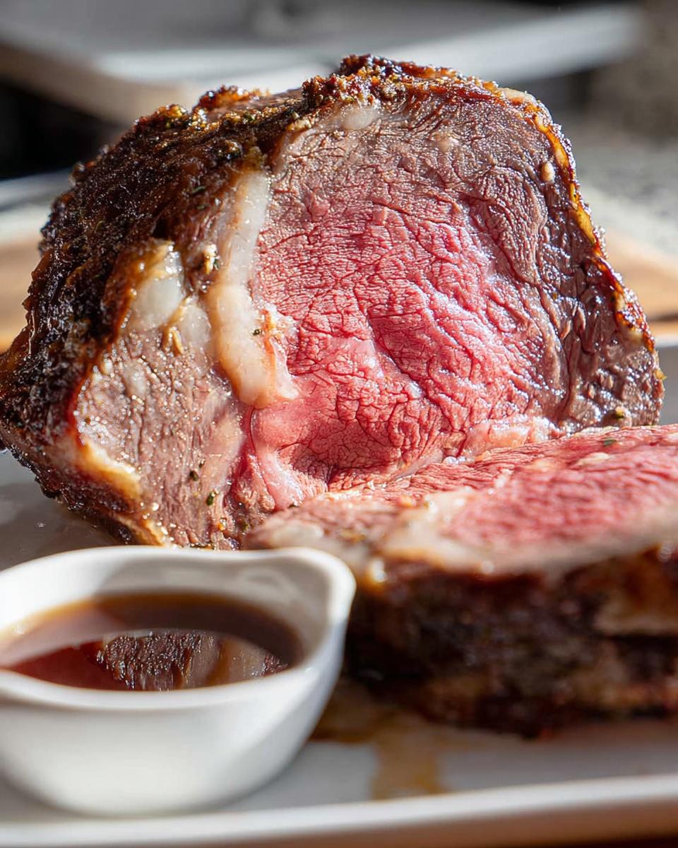 Close-up of a medium-rare Prime Rib Au Jus roast, showing a deep brown crust and juicy pink center, served with a side of rich brown sauce.