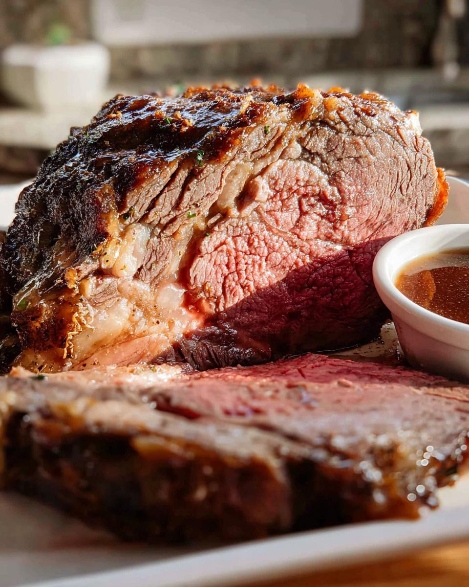Close-up of a perfectly cooked Prime Rib Au Jus roast, showing a medium-rare center and rich brown crust, served with a side of jus.