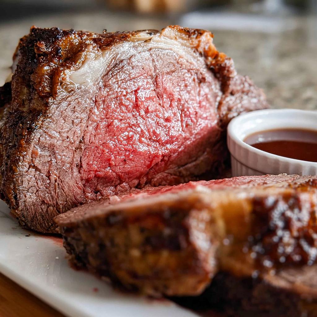 Close-up of a perfectly cooked Prime Rib Au Jus, showing a medium-rare pink center and a rich brown crust.