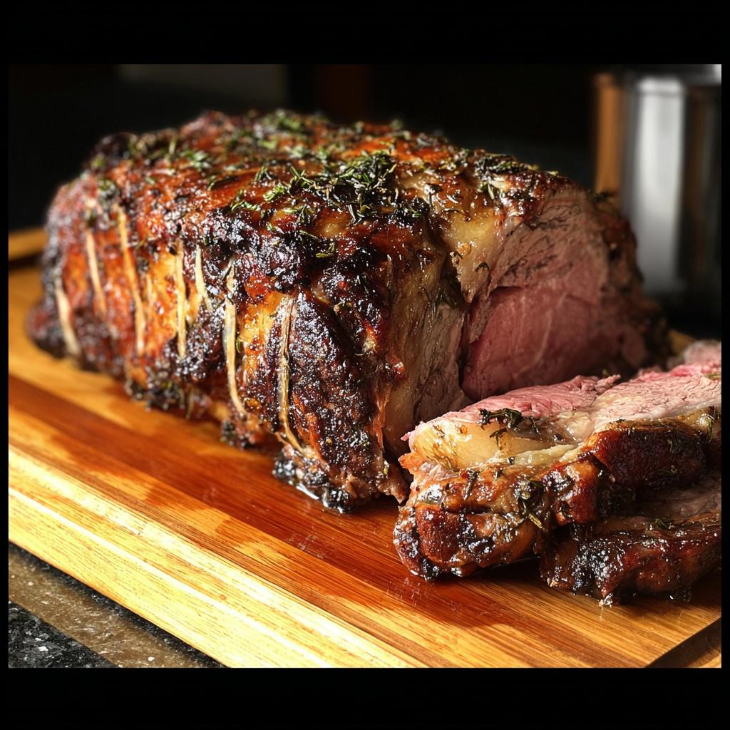 A beautifully roasted Prime Rib for Christmas Dinner, sliced to show a perfect medium-rare center on a wooden cutting board.