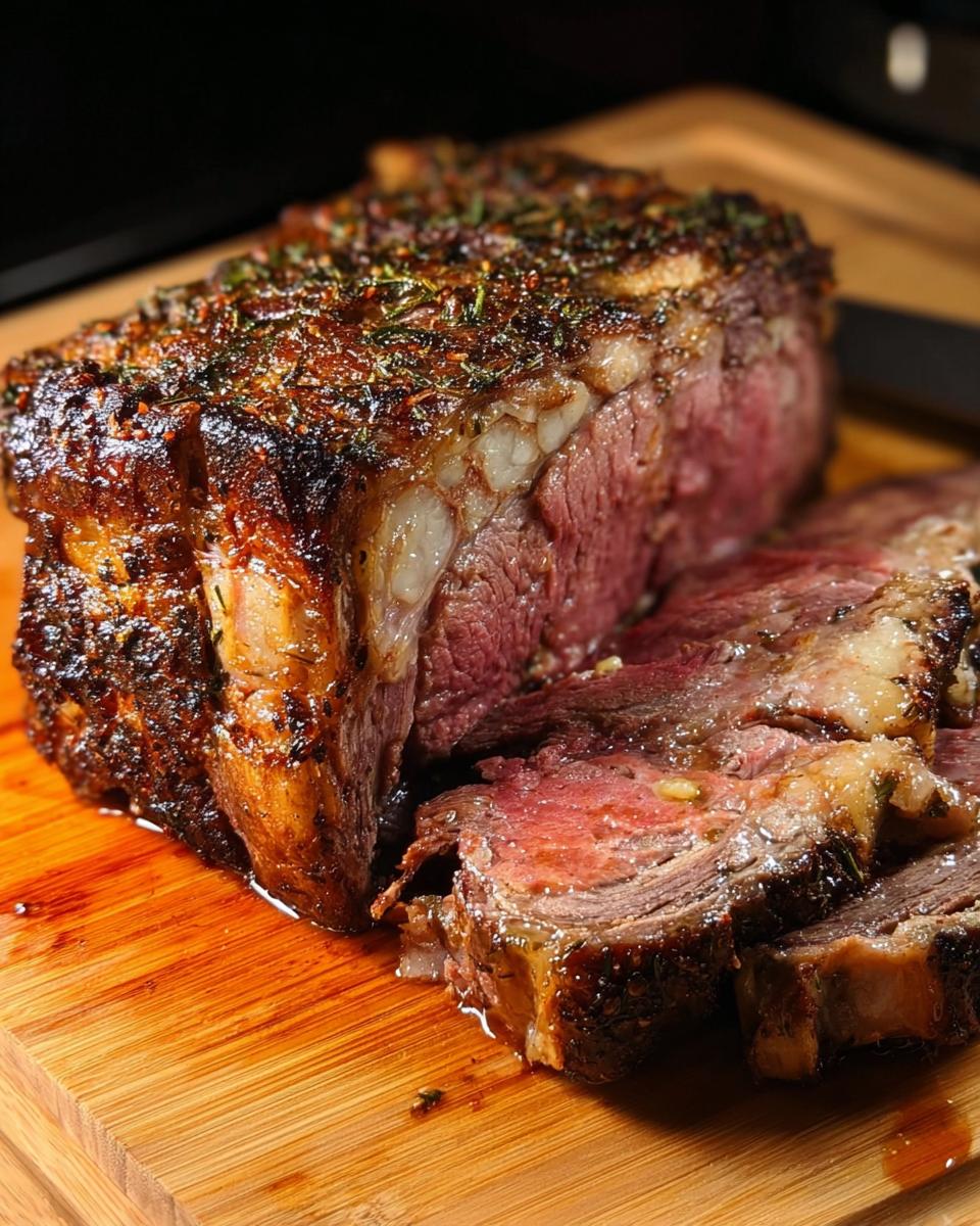 Close-up of a perfectly roasted Prime Rib for Christmas Dinner, sliced to show medium-rare interior and herb crust.