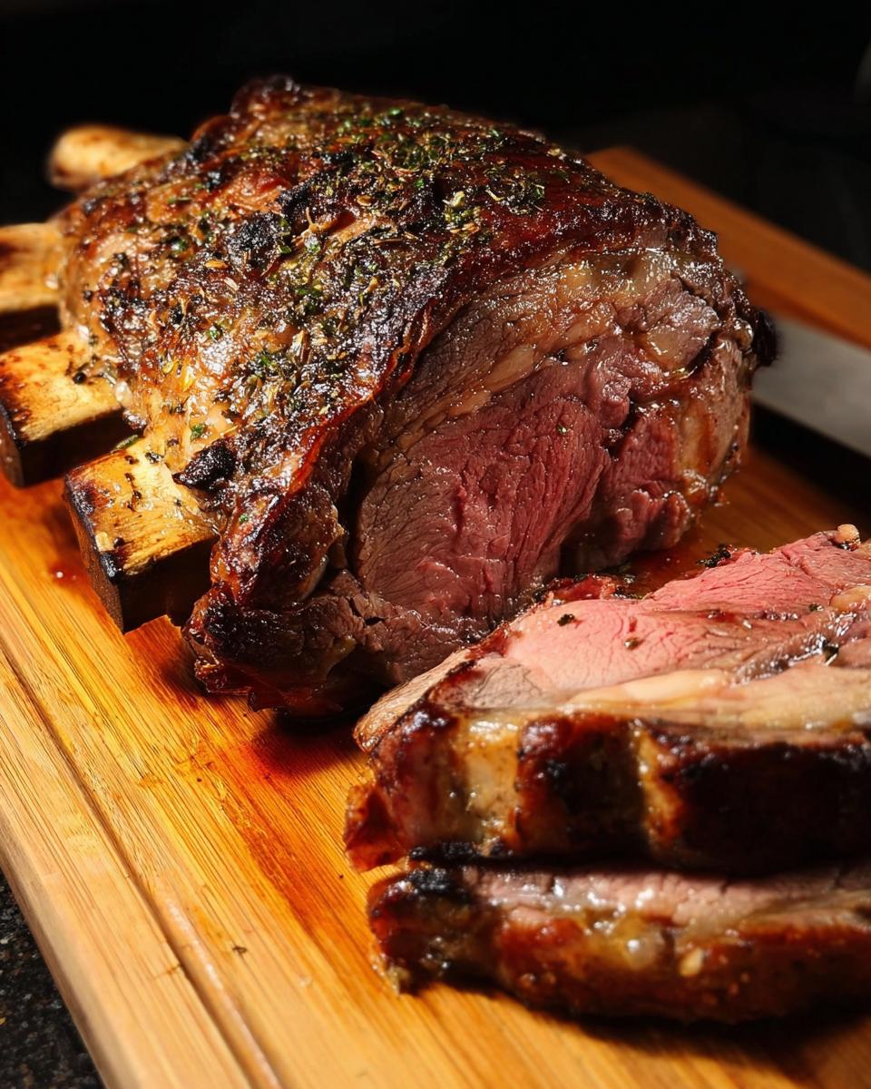 A beautifully roasted Prime Rib for Christmas Dinner, sliced to show a perfect medium-rare center on a wooden cutting board.